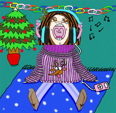 Girl with Christmas Jumper and headphones